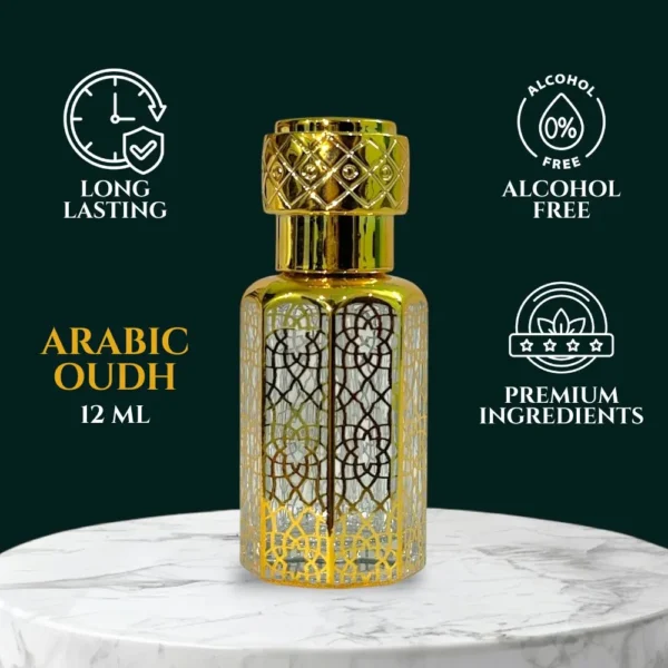 Premium Arabic Oudh attar bottle 12ml by La Atir, non-alcoholic oriental fragrance oil for men and women in gold Arabian-style packaging