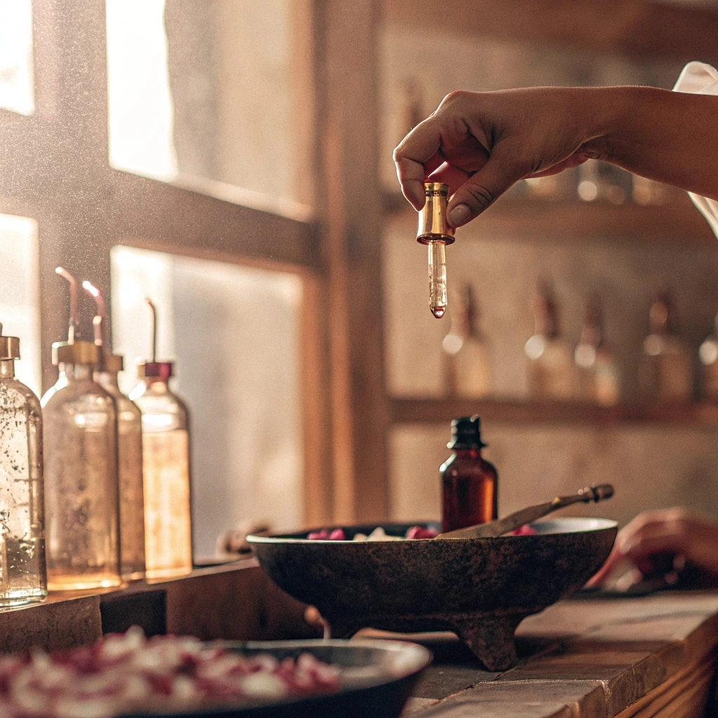 La Atir artisans pouring natural perfume oils into crystal bottles in traditional Arabic perfume workshop