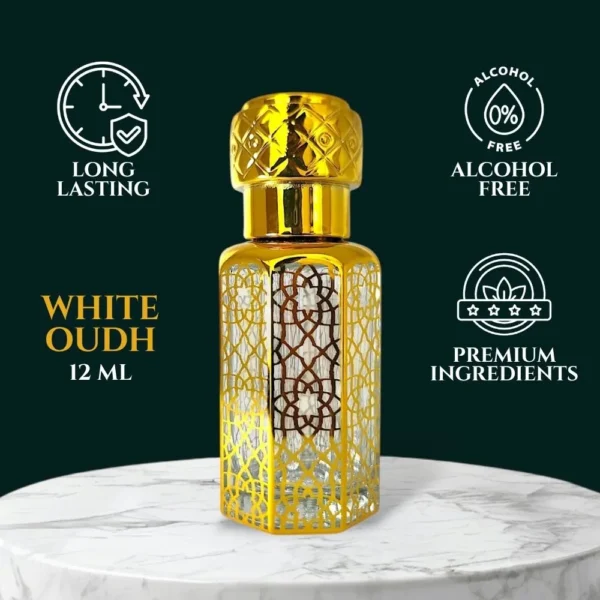 White Oudh Attar in golden bottle – 12ml pure non-alcoholic perfume oil by La Atir
