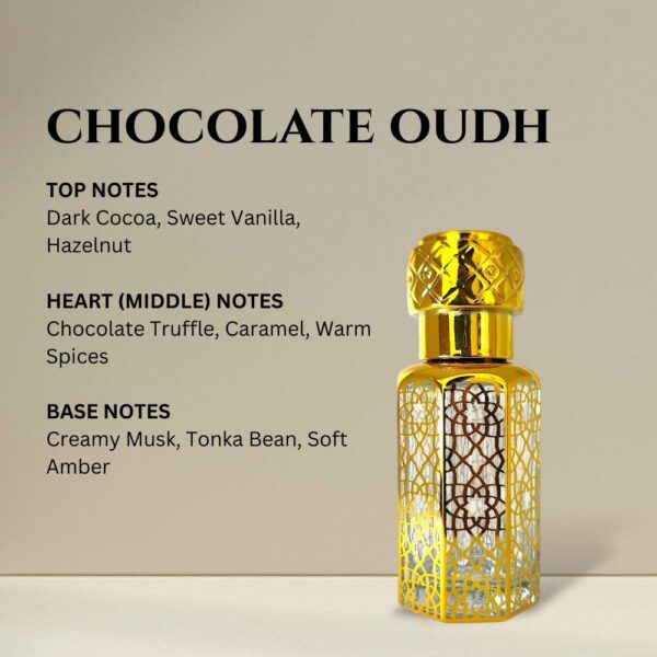 Chocolate Oudh Perfume Oil by La Atir in 12ml golden bottle – non-alcoholic gourmet attar