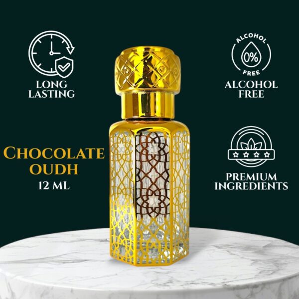 Chocolate Oudh Perfume Oil by La Atir in 12ml golden bottle – non-alcoholic gourmet attar
