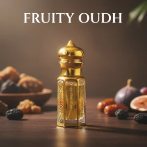 La Atir Fruity Oudh Attar 12ml golden bottle with stick applicator – fruity perfume oil with mixed fruits and musk